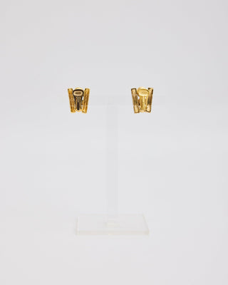 Gold Ramp Shaped Ear Clips with Rhinestones and 3 Pearly Beads