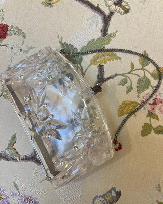 Lucite Floral Etched Purse with Rhinestones and Chain Strap