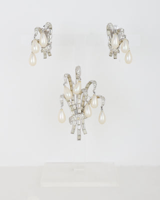 Silver Rhinestone Brooch and Earring Set with Pearls