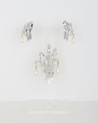 Silver Rhinestone Brooch and Earring Set with Pearls