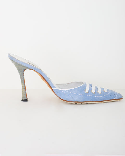 Manolo Blahnik Light Blue Suede Mules with White Laces | Size 37 1/2