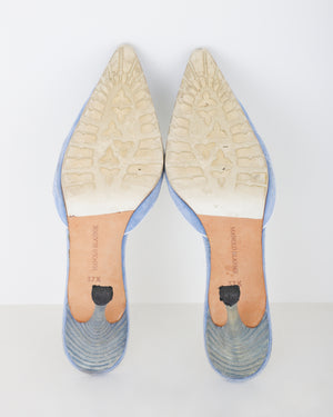 Manolo Blahnik Light Blue Suede Mules with White Laces | Size 37 1/2