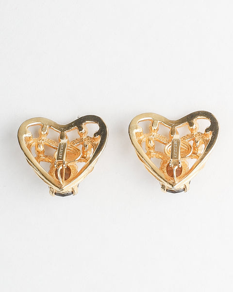 Castlecliff Gold and Pearl Heart Ear Clips with Amber Rhinestone