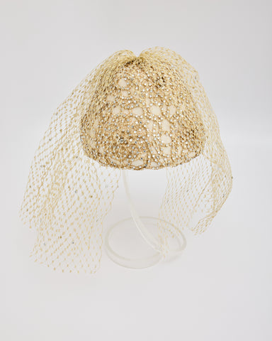 Gold Rhinestone Embellished Hat with Gold Netted Veil