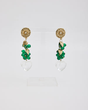 Green Beaded Dangle Earrings with Clear Hearts