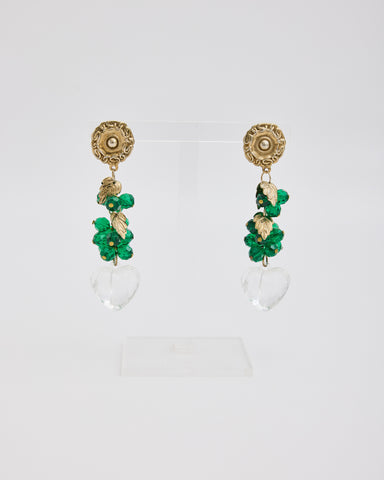 Green Beaded Dangle Earrings with Clear Hearts