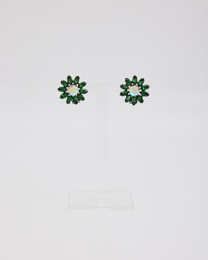 Dark Green Flower Ear Clips with Iridescent Rhinestone Center