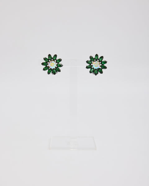 Dark Green Flower Ear Clips with Iridescent Rhinestone Center