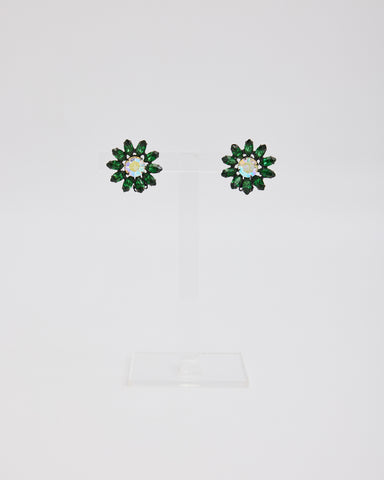 Dark Green Flower Ear Clips with Iridescent Rhinestone Center