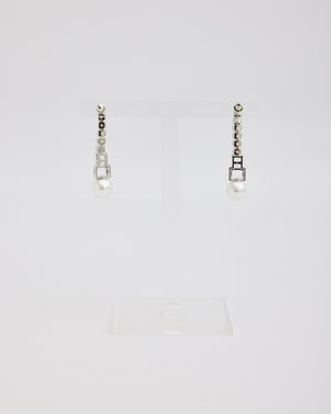 Silver Rhinestone Drop Post Earrings with Pearl