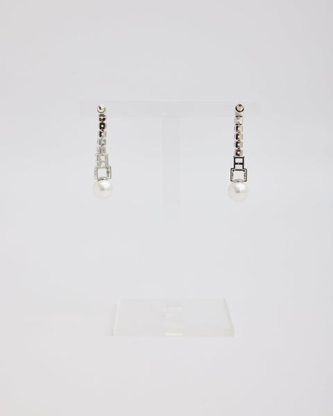 Silver Rhinestone Drop Post Earrings with Pearl