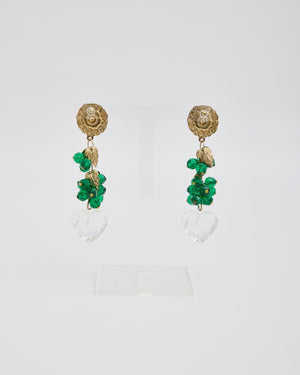 Green Beaded Dangle Earrings with Clear Hearts