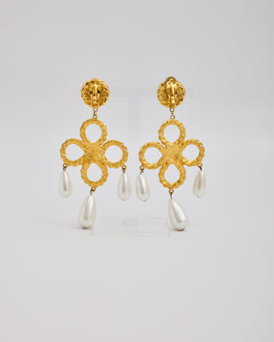 Large Gold Flower Dangle Ear Clips with Pearls