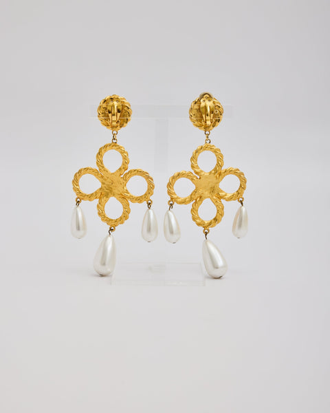 Large Gold Flower Dangle Ear Clips with Pearls