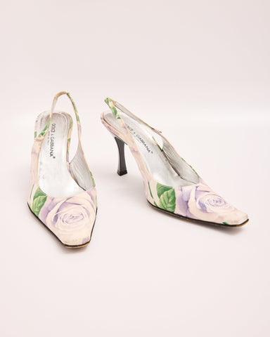 Dolce & Gabbana 90s Lavender and Green Rose Print Sling Back Heels