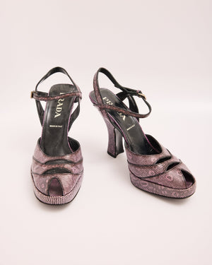 Prada Purple Leather Slingback Platform Heels with Snake Print