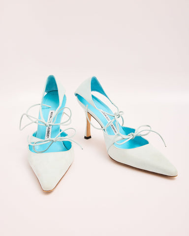 Manolo Blahnik Light Blue Suede Pumps with Wrap Around Straps