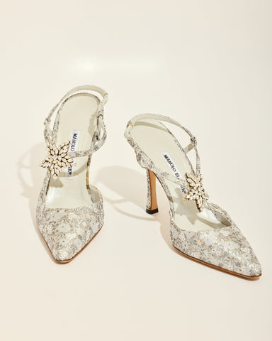 Manolo Blahnik Blue Silver Slingback Floral Jacquard Heels with Rhinestone Star
