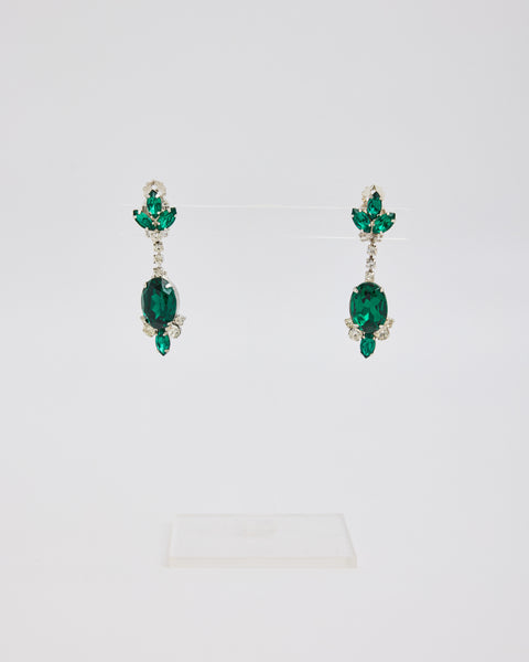 Green Multi Shape and Silver Rhinestone Dangle Ear Clips