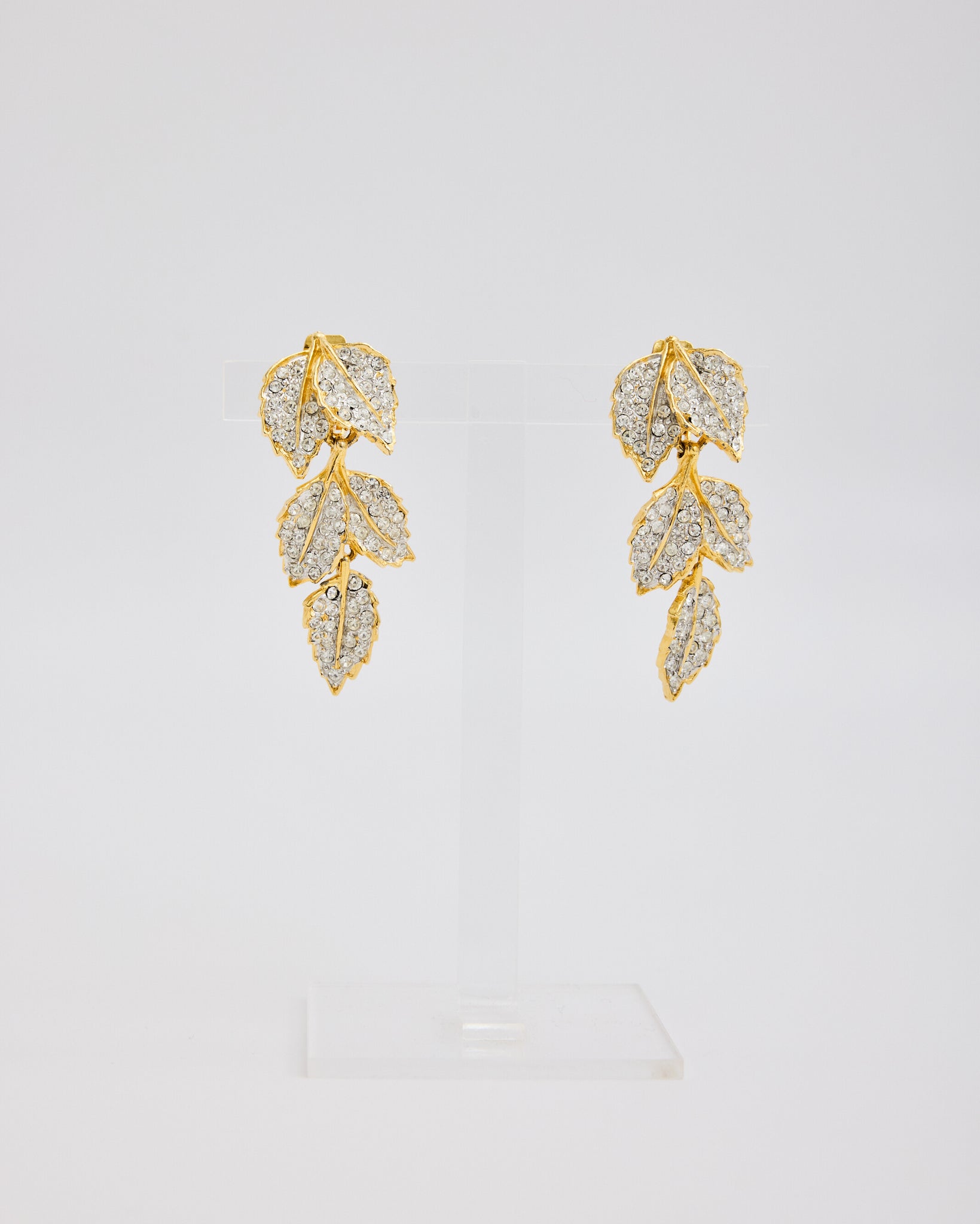 Kenneth Jay Lane Large Gold Leave Dangle Rhinestone Ear Clips