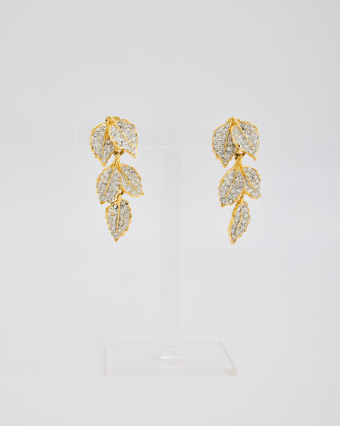 Kenneth Jay Lane Large Gold Leave Dangle Rhinestone Ear Clips