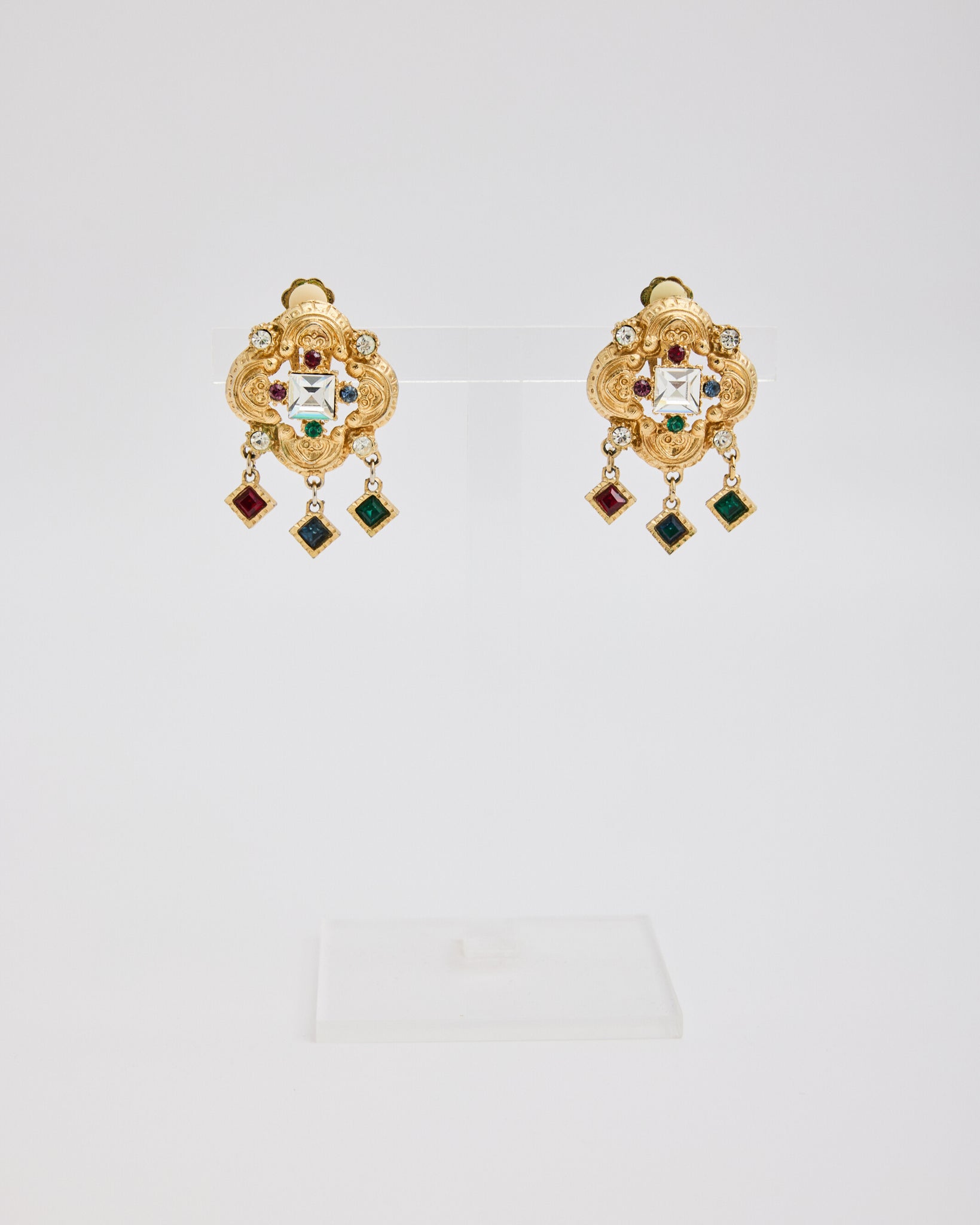 Gold Curved Ear Clips with Multi Color Rhinestones with Square Dangles