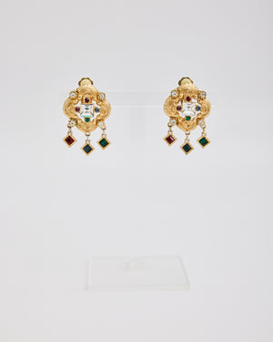 Gold Curved Ear Clips with Multi Color Rhinestones with Square Dangles