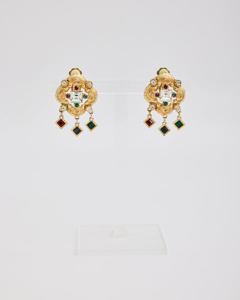 Gold Curved Ear Clips with Multi Color Rhinestones with Square Dangles