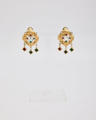 Gold Curved Ear Clips with Multi Color Rhinestones with Square Dangles