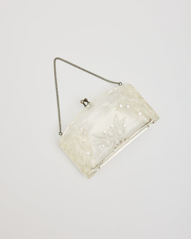 Lucite Floral Etched Purse with Rhinestones and Chain Strap