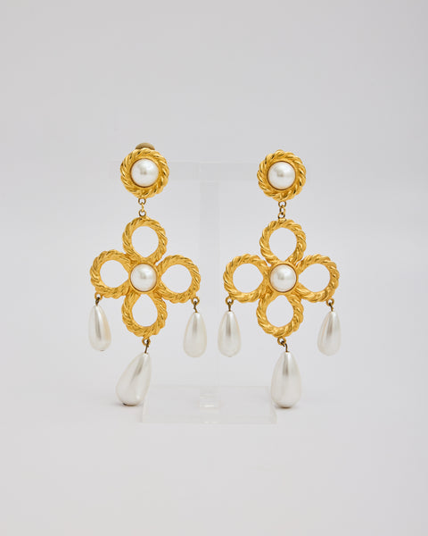 Large Gold Flower Dangle Ear Clips with Pearls