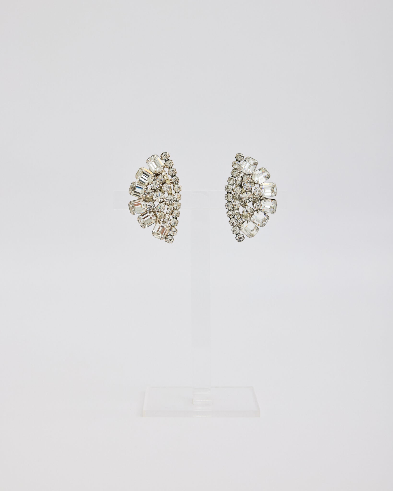 Large Silver Multi Shaped Rhinestone Fan Ear Clips