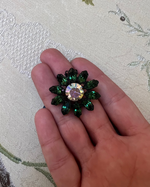 Dark Green Flower Ear Clips with Iridescent Rhinestone Center