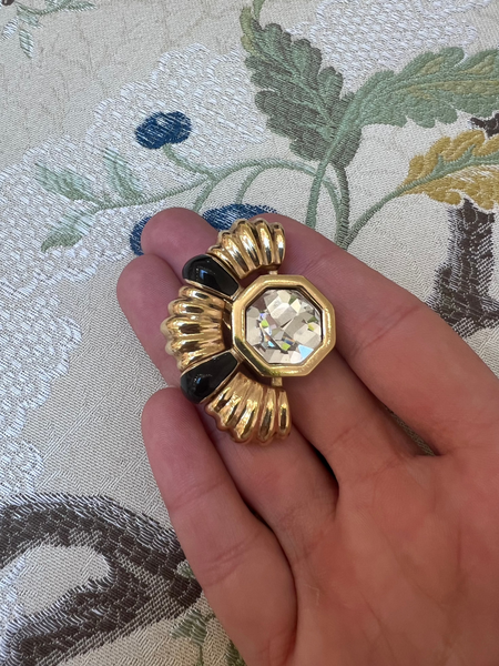 Swarovski Gold and Black Half Circle Ear Clips with Rhinestone Center