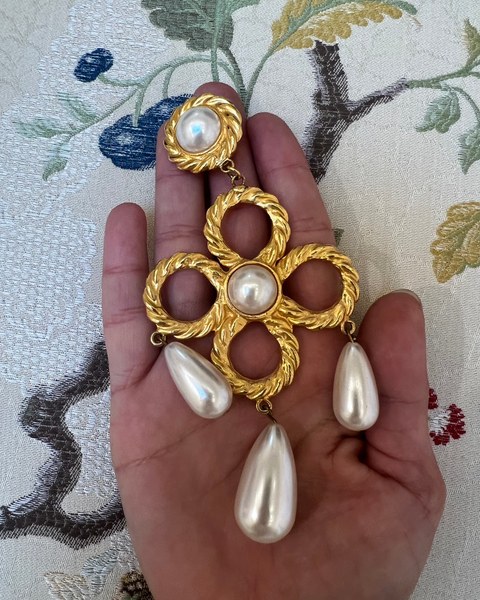 Large Gold Flower Dangle Ear Clips with Pearls