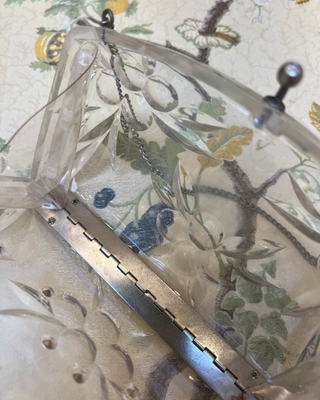 Lucite Floral Etched Purse with Rhinestones and Chain Strap