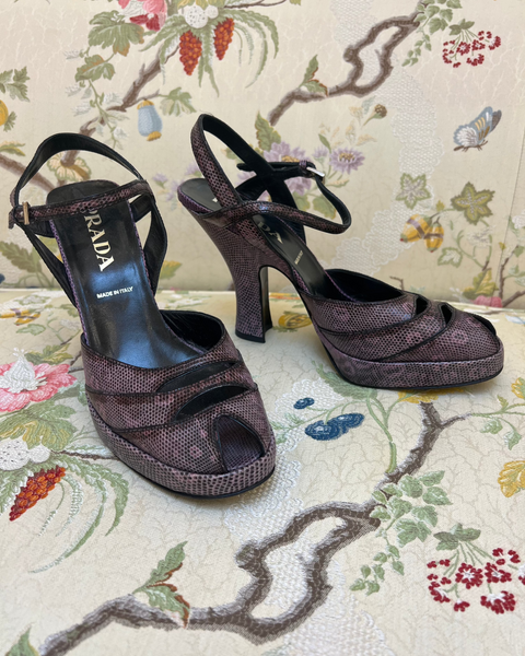 Prada Purple Leather Slingback Platform Heels with Snake Print