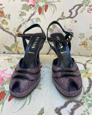 Prada Purple Leather Slingback Platform Heels with Snake Print