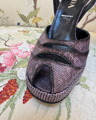Prada Purple Leather Slingback Platform Heels with Snake Print