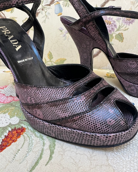 Prada Purple Leather Slingback Platform Heels with Snake Print