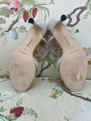 Manolo Blahnik Taupe Canvas T-Strap Heels and Beaded Flower