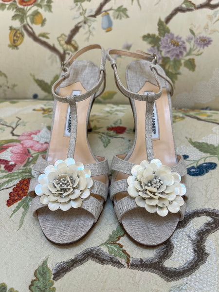 Manolo Blahnik Taupe Canvas T-Strap Heels and Beaded Flower