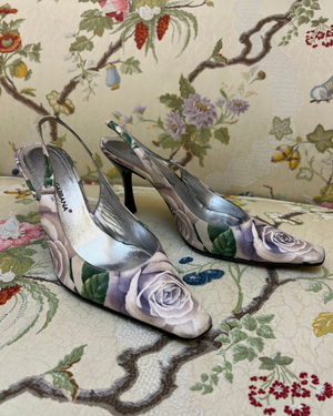 Dolce & Gabbana 90s Lavender and Green Rose Print Sling Back Heels