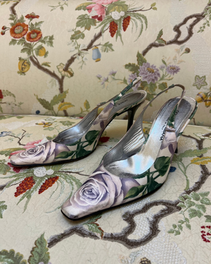 Dolce & Gabbana 90s Lavender and Green Rose Print Sling Back Heels