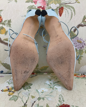 Manolo Blahnik Light Blue Suede Pumps with Wrap Around Straps