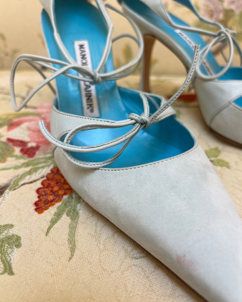 Manolo Blahnik Light Blue Suede Pumps with Wrap Around Straps