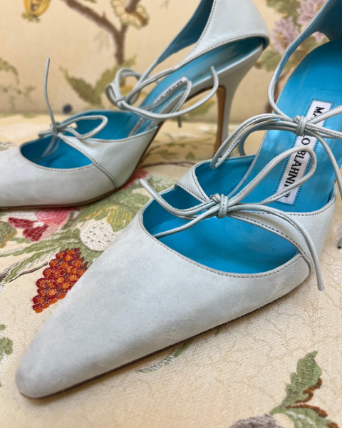 Manolo Blahnik Light Blue Suede Pumps with Wrap Around Straps