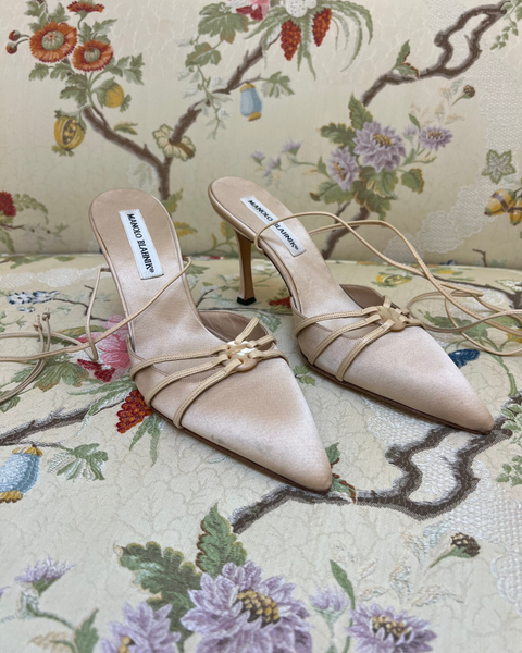 Manolo Blahnik Beige Satin Heels with Leather Wrap Around Straps and Tie