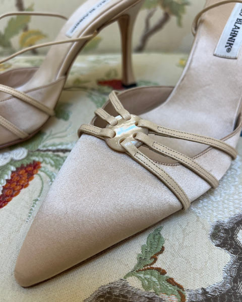 Manolo Blahnik Beige Satin Heels with Leather Wrap Around Straps and Tie