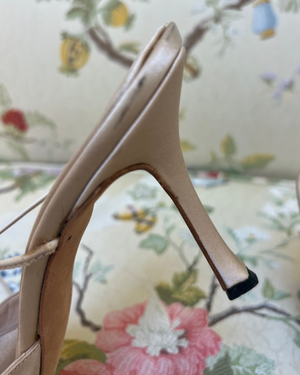 Manolo Blahnik Beige Satin Heels with Leather Wrap Around Straps and Tie